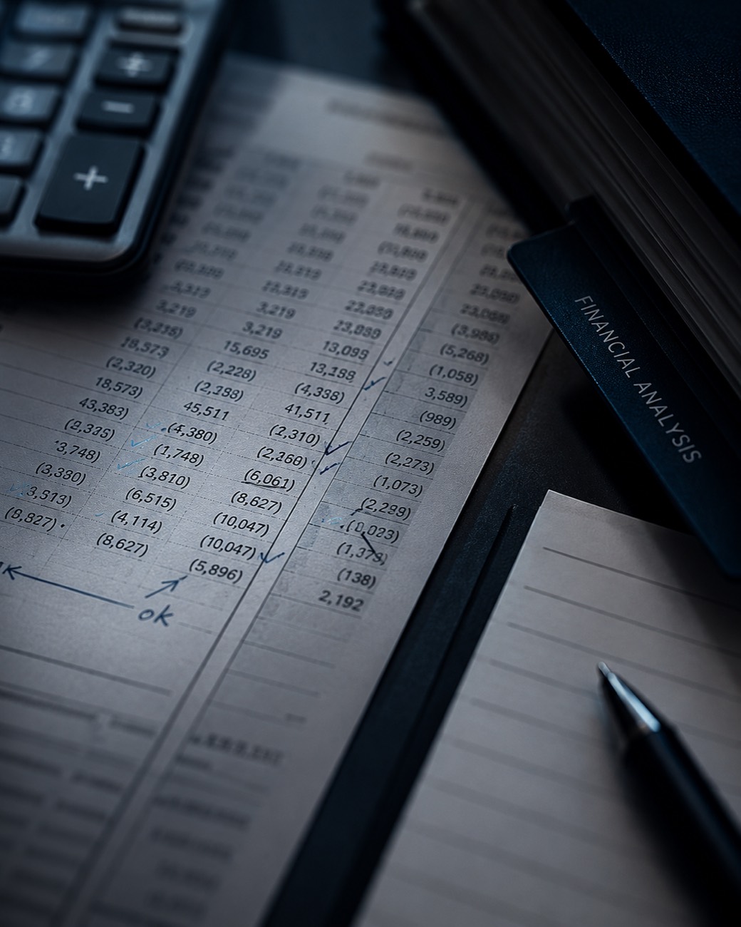 Close detail of financial analysis work with handwritten audit tick marks